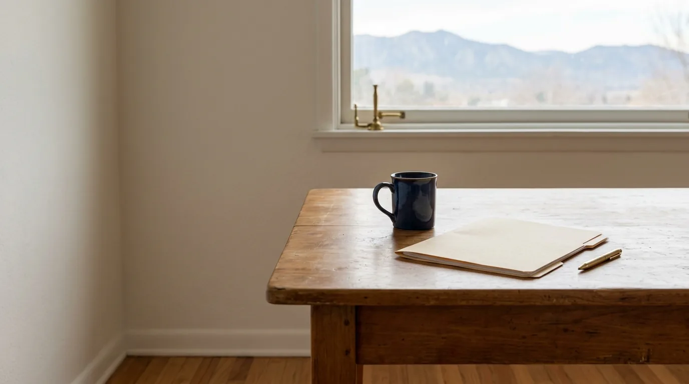 A wooden table by a large window in soft morning light, a mug and a closed folder on it