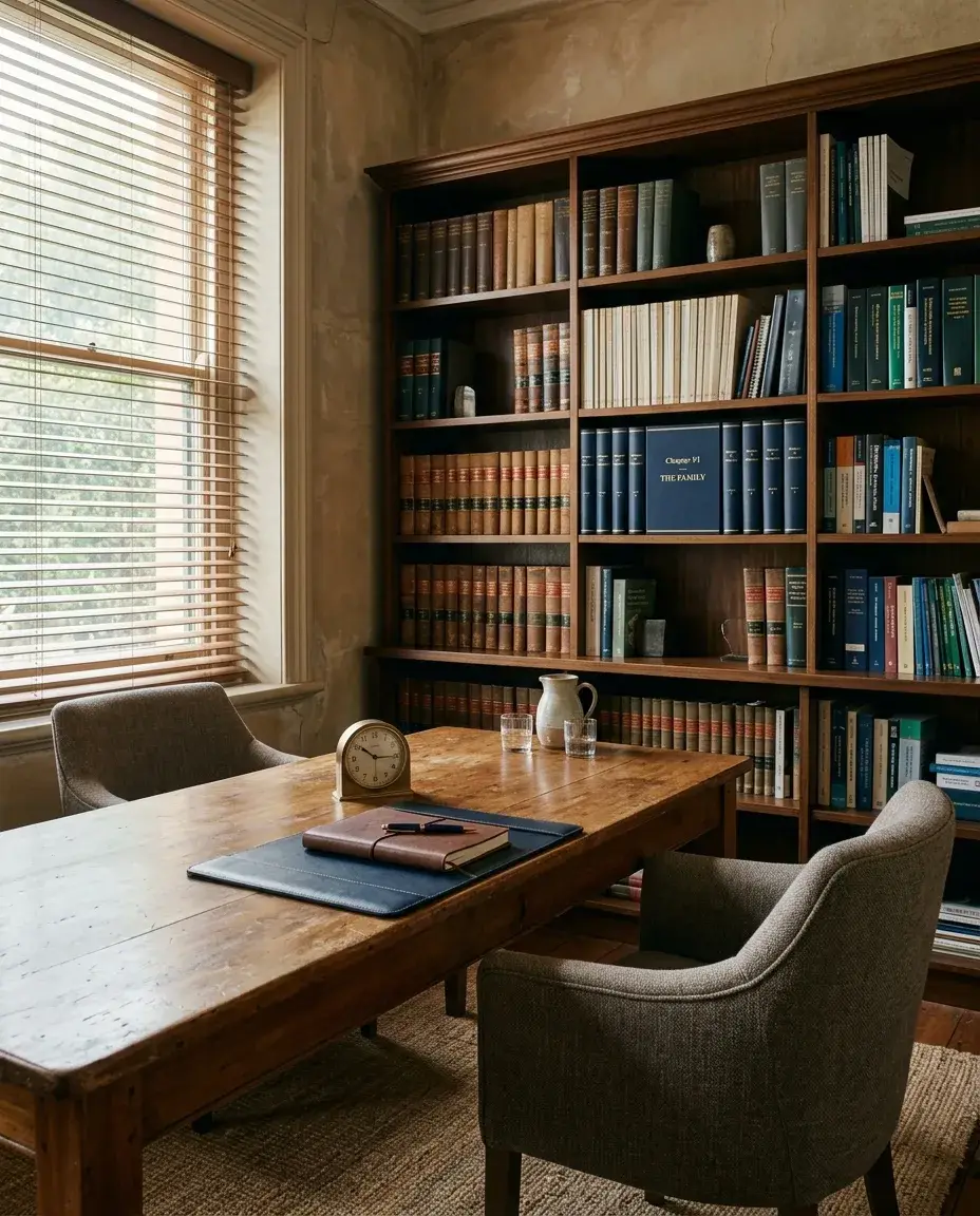 A quiet meeting room with a wooden table, two chairs and a bookshelf
