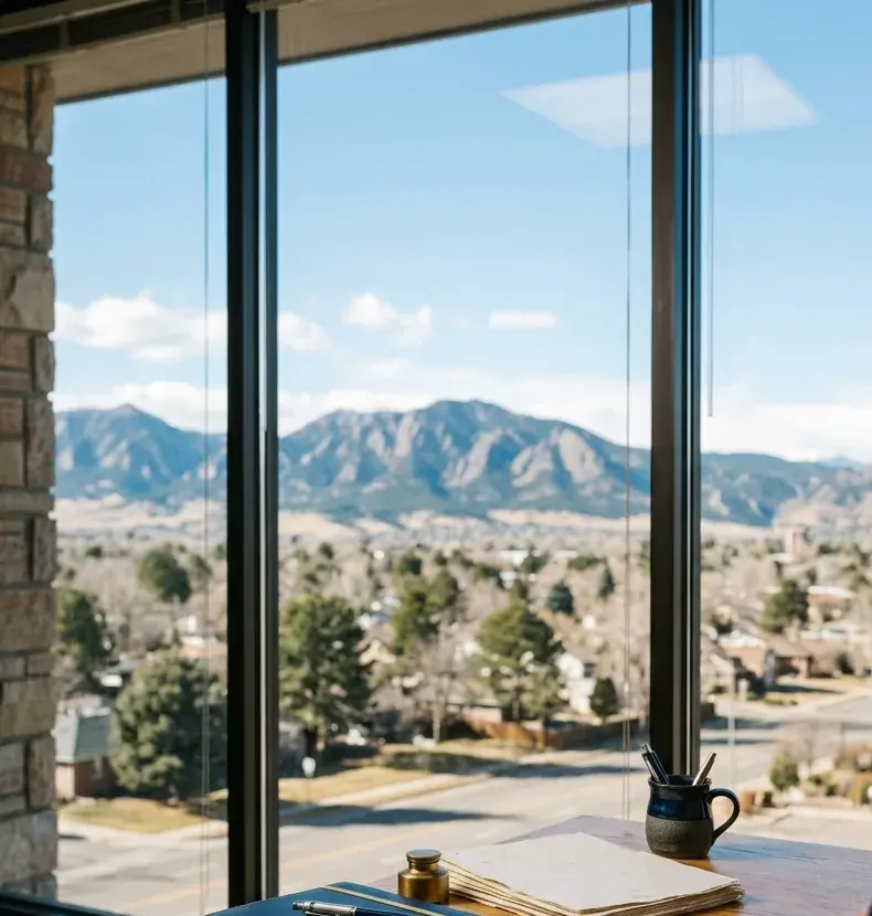 An office window looking west toward the foothills on a clear day