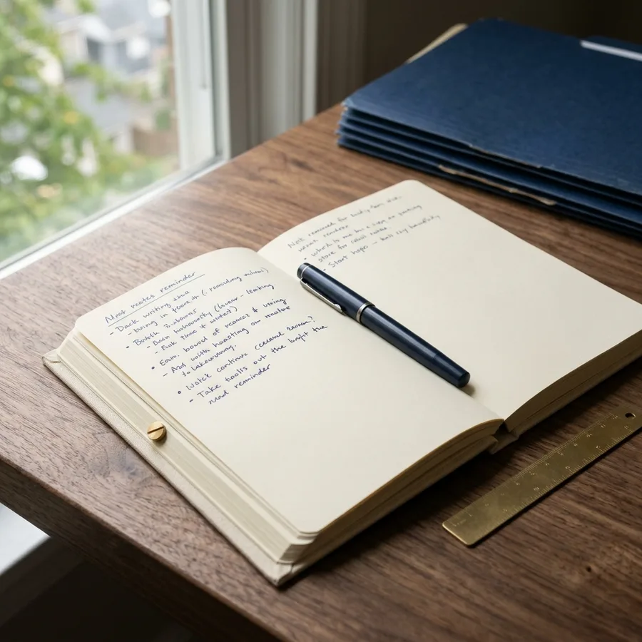 An open notebook with a pen across it on a walnut desk by a window