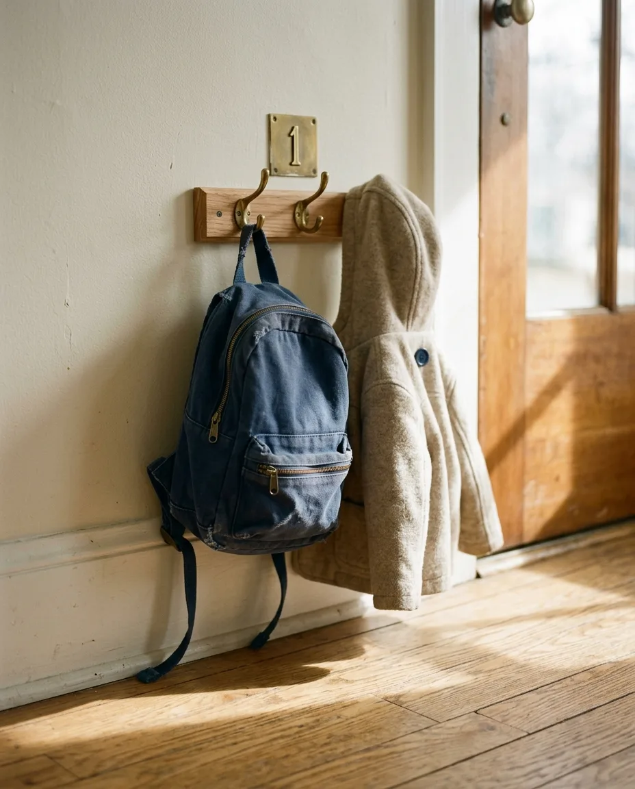 A small backpack and jacket hanging on a hook by a front door