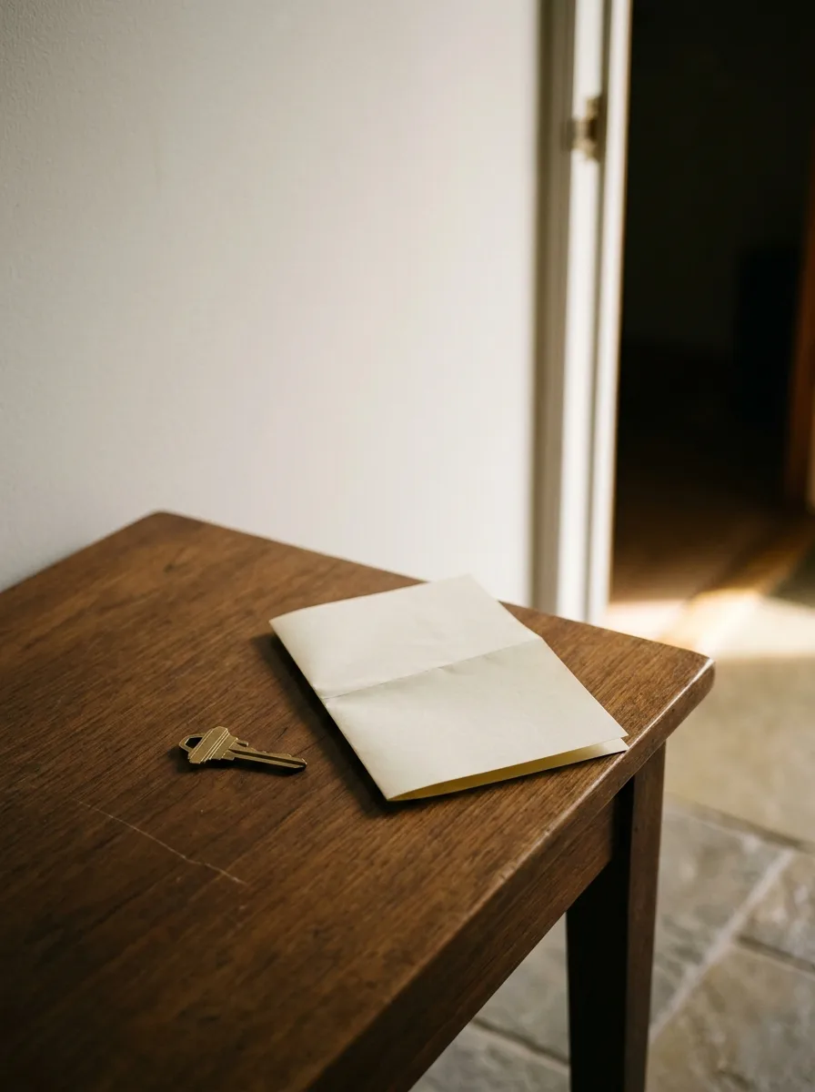A single house key on an entry table beside a folded sheet of paper