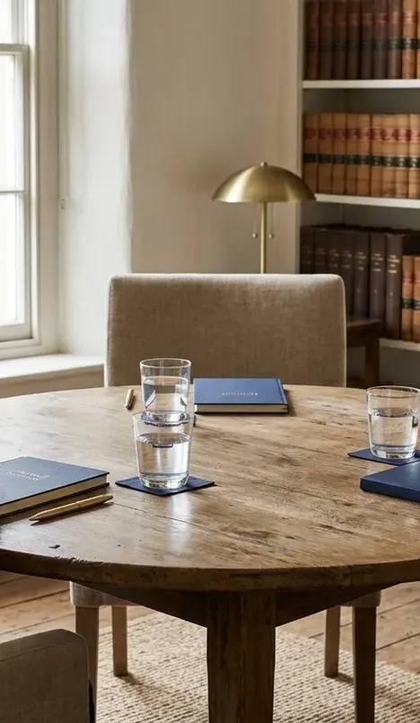 A bright meeting room with a round wooden table and glasses of water