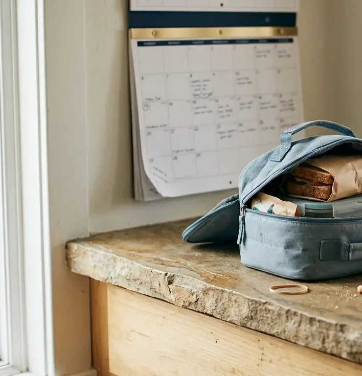 A packed lunch bag on a kitchen counter, a wall calendar behind it