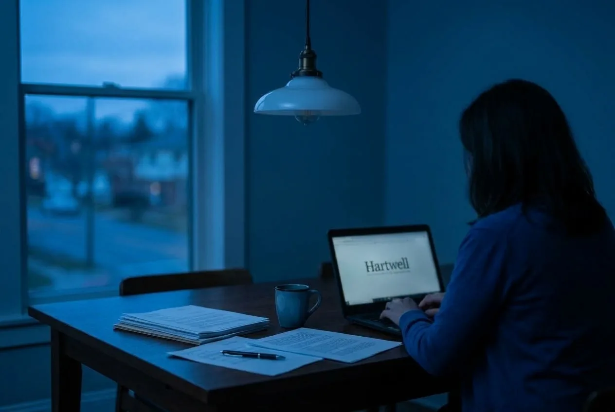 The same window at dusk with the pendant lamp switched off, the room in blue evening light
