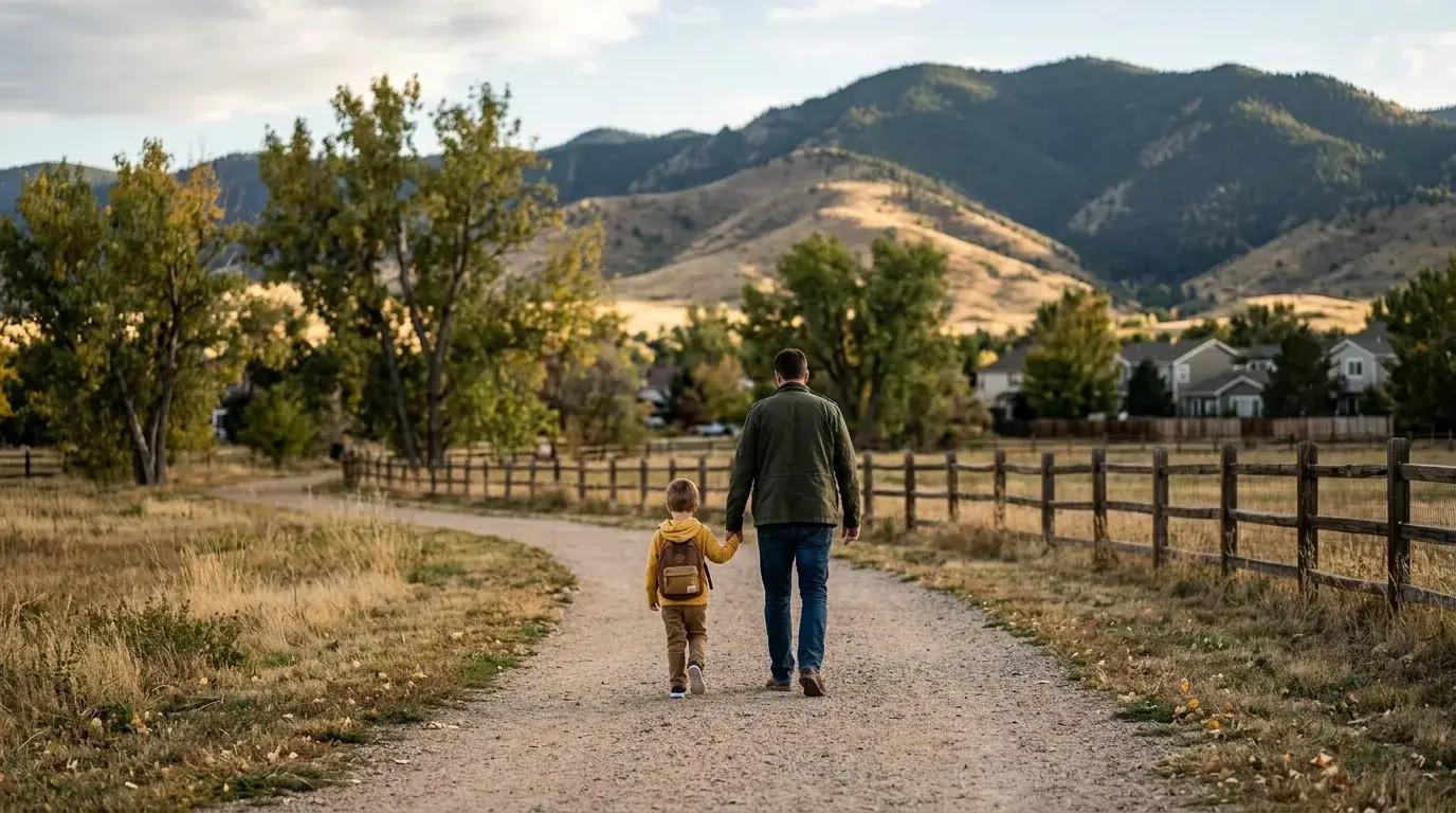 A park path in a west metro suburb, the foothills behind in late afternoon light